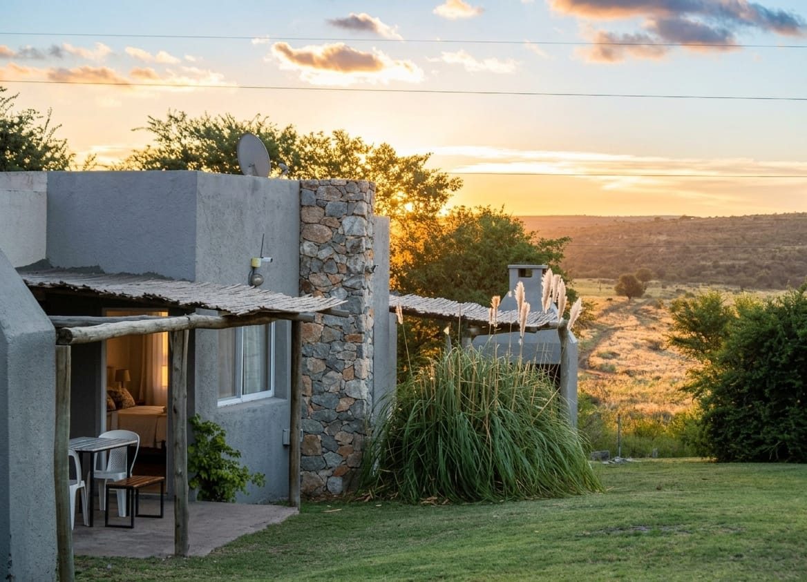 Una de las cabañas al atardecer